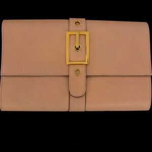 Beige Leather Clutch with Gold Buckle Accent